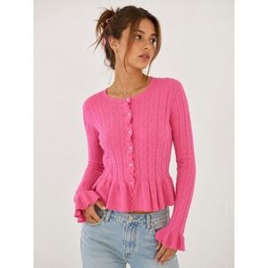 Scoop Pink Pointelle Peplum Cardigan Sweater Ruffles M Coquette Balletcore Y2K